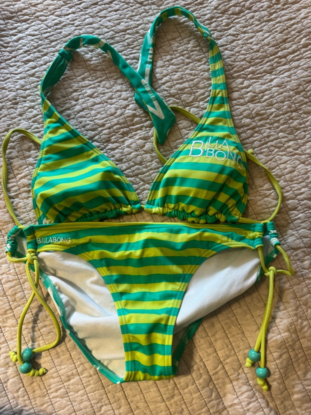 Billabong Teal and Lime Striped Two-Piece Bikini - Picture 2 of 3